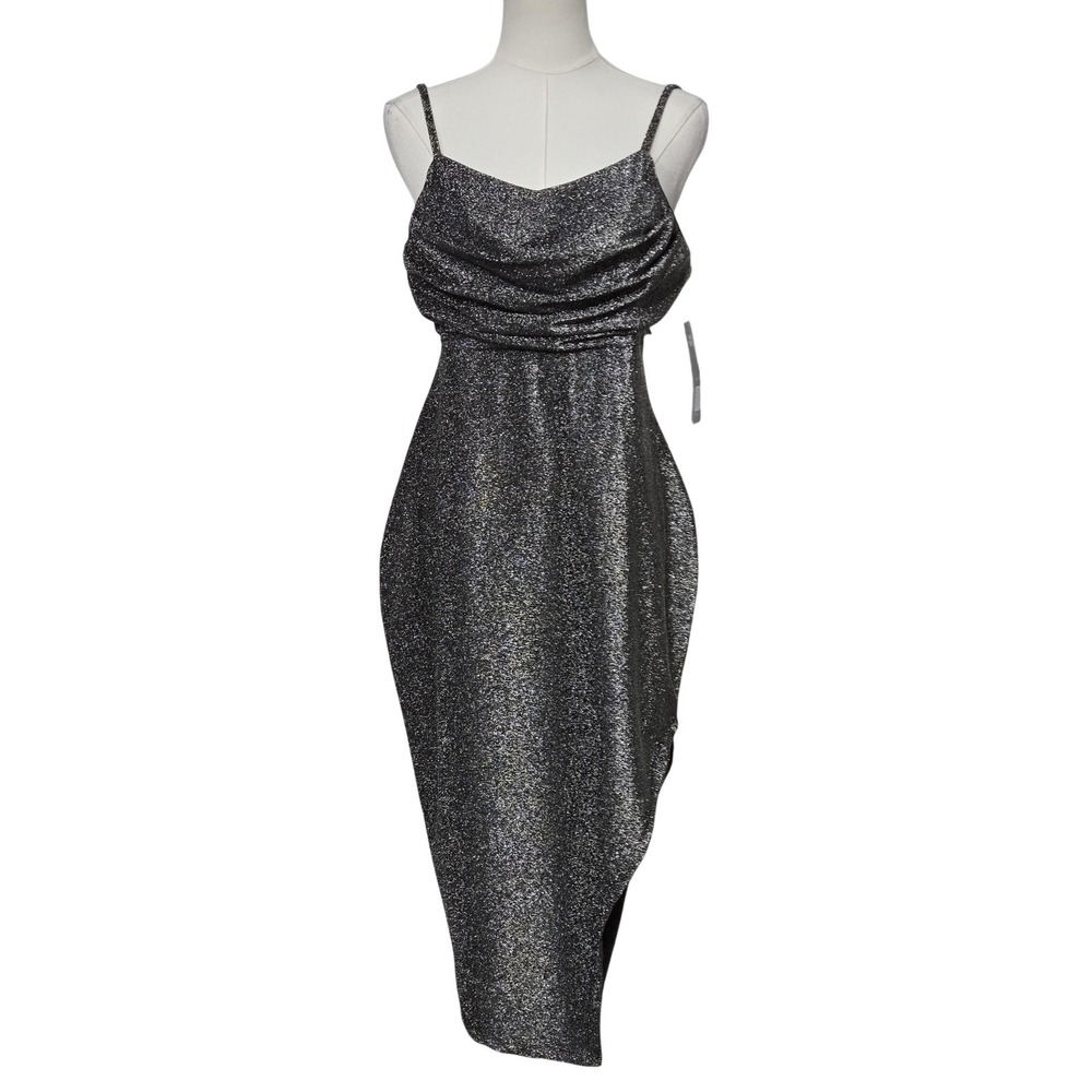Madden NYC Dress Womens L Silver Glitter Cowl Neck Strappy Bodycon Midi